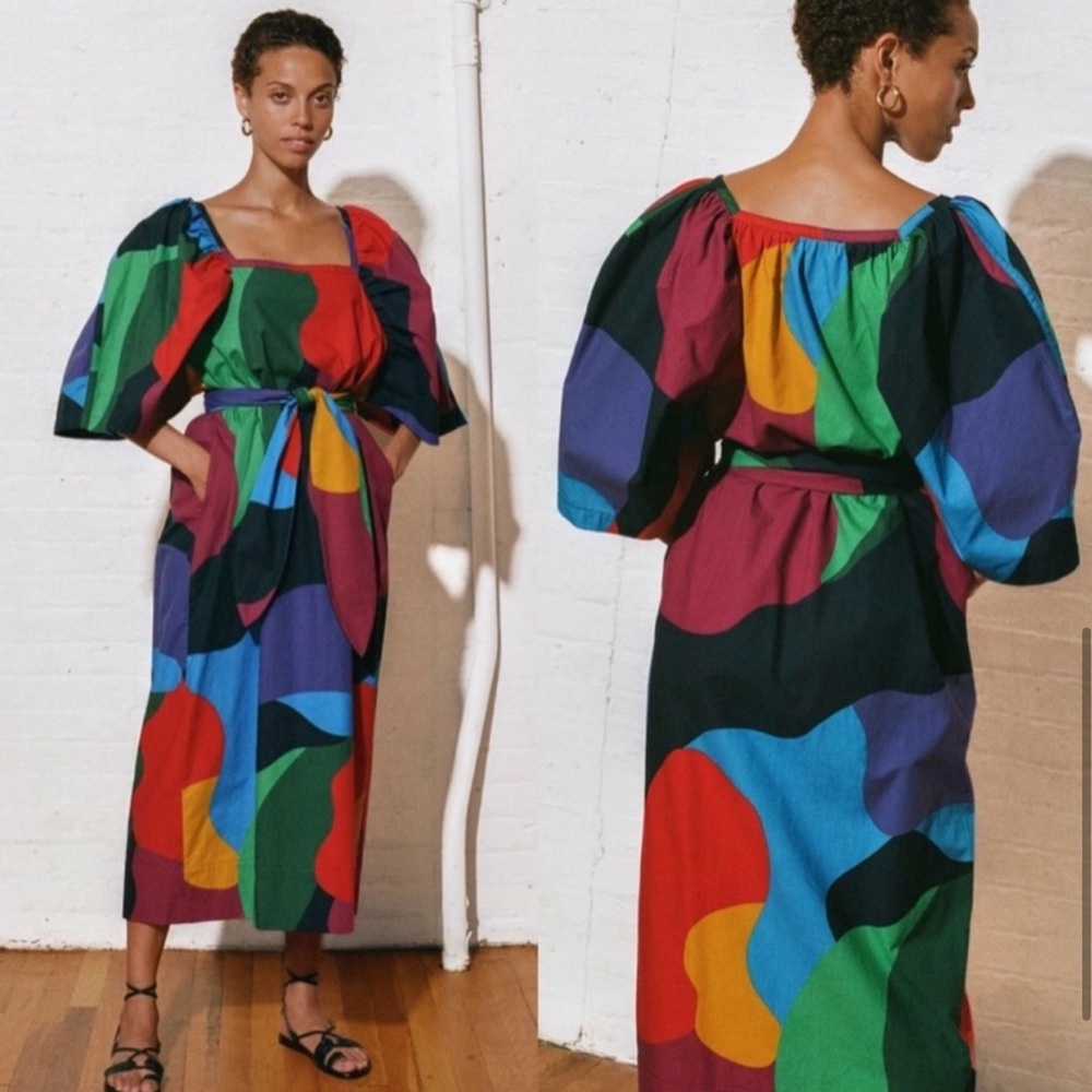 Mara Hoffman Sara dress color block belted pockets linen puff sleeve abstract